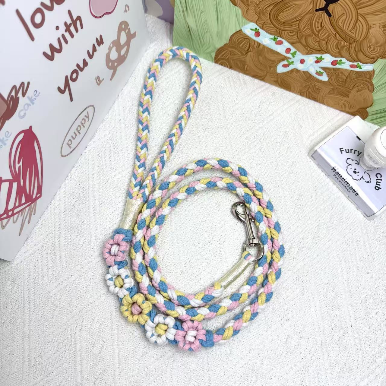 Blue & Pink | 5-Flower Handwoven Decorative Dog Leash