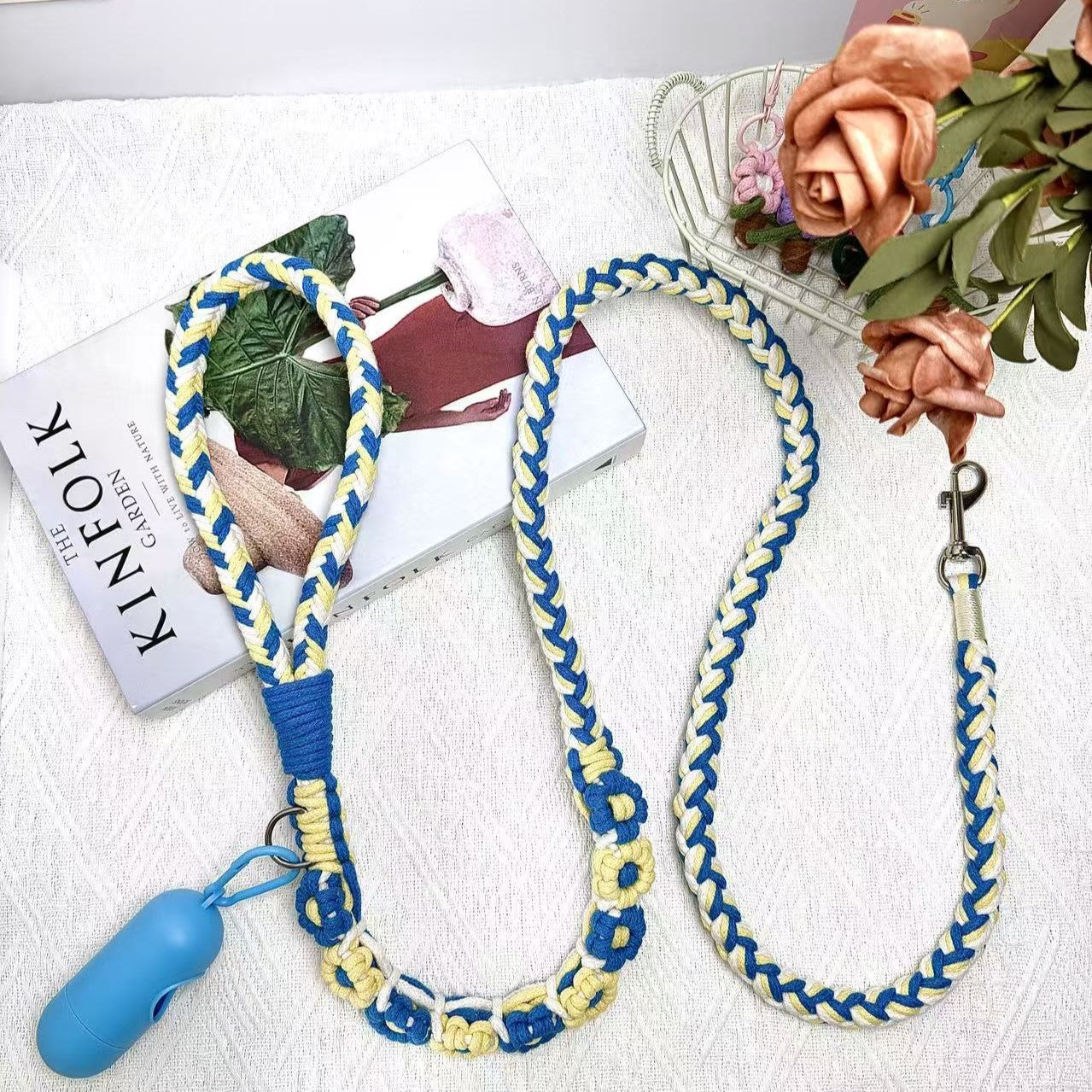 Blue & Yellow | 9-Flower Handwoven Decorative Dog Leash