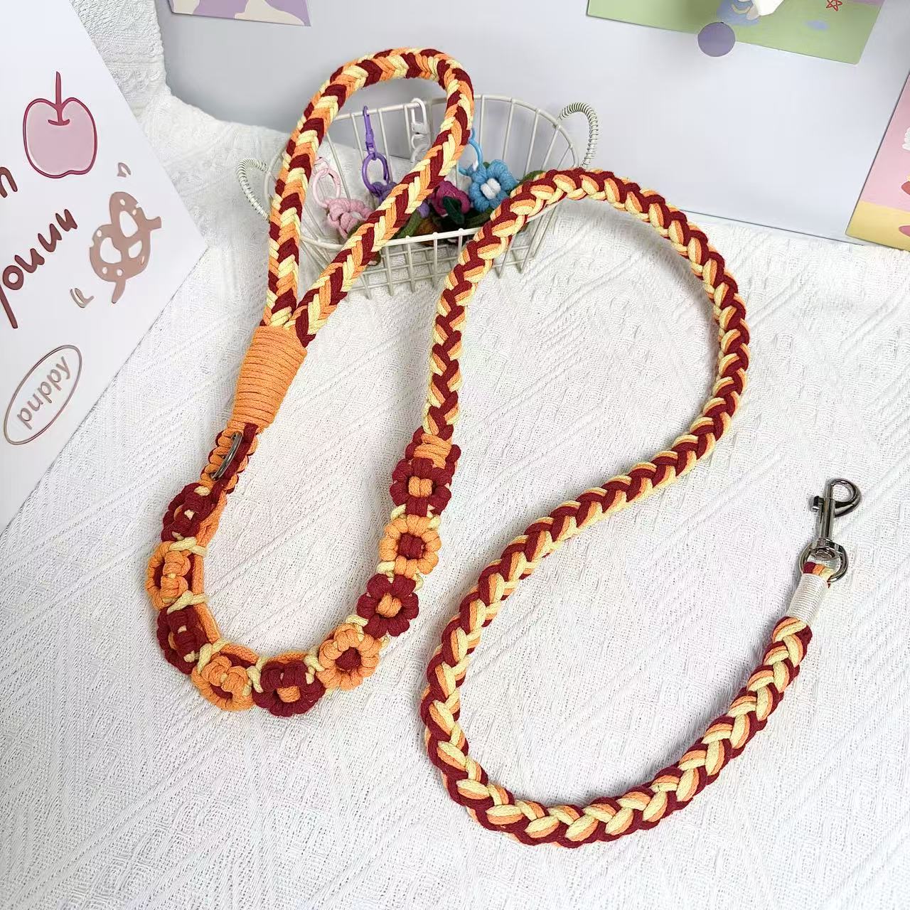Orange & Red | 9-Flower Handwoven Decorative Dog Leash
